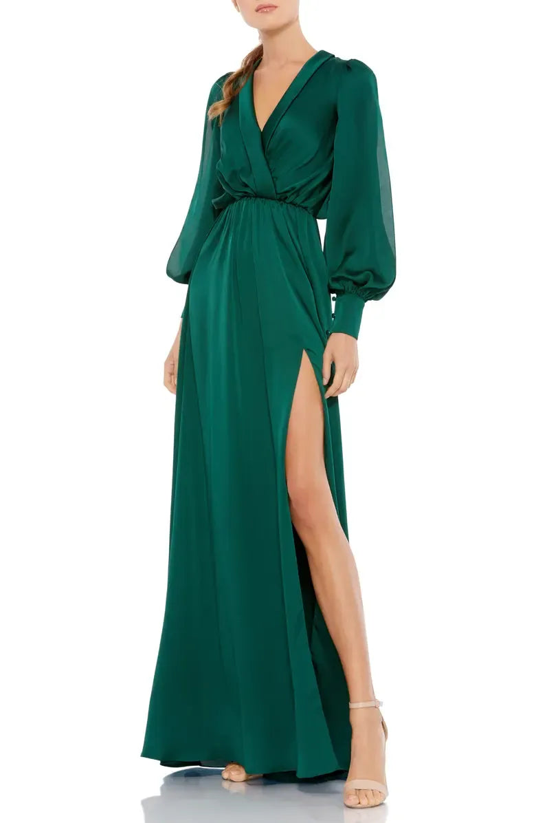 Elegant A-Line V-neck Long Sleeve Satin Sweep/Brush Train Prom Dress